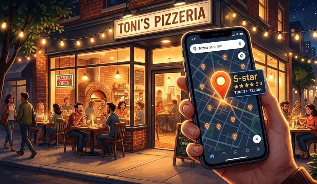 An artistic, stylish illustration using warm, inviting colors. A hand holds a smartphone in the foreground showing a Google Maps search result with glowing pin drops labeled "Pizza." One pin is prominent with a 5-star rating. In the background, slightly blurred, is a cozy, trendy pizzeria at night with large windows, bright string lights, and patrons dining happily. The atmosphere is bustling and appetizing.
