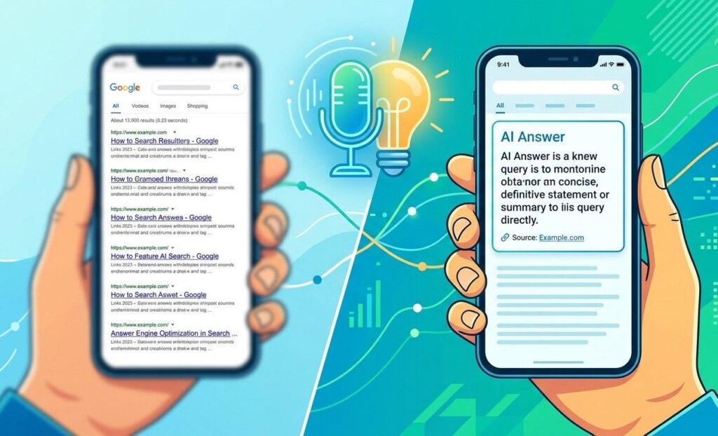 A modern digital illustration representing the shift from traditional search to AEO. On the left, a blurred hand holds a phone displaying a generic list of blue links. On the right, a hand holds a sharp, bright phone displaying a clean, specific "AI Answer Box" with a definitive statement and a small citation link. In the background, abstract icons of a microphone (voice search) and a lightbulb merge, showing information becoming a single direct answer. Style: Clean, corporate tech-art with bright blues, greens, and warm yellows.