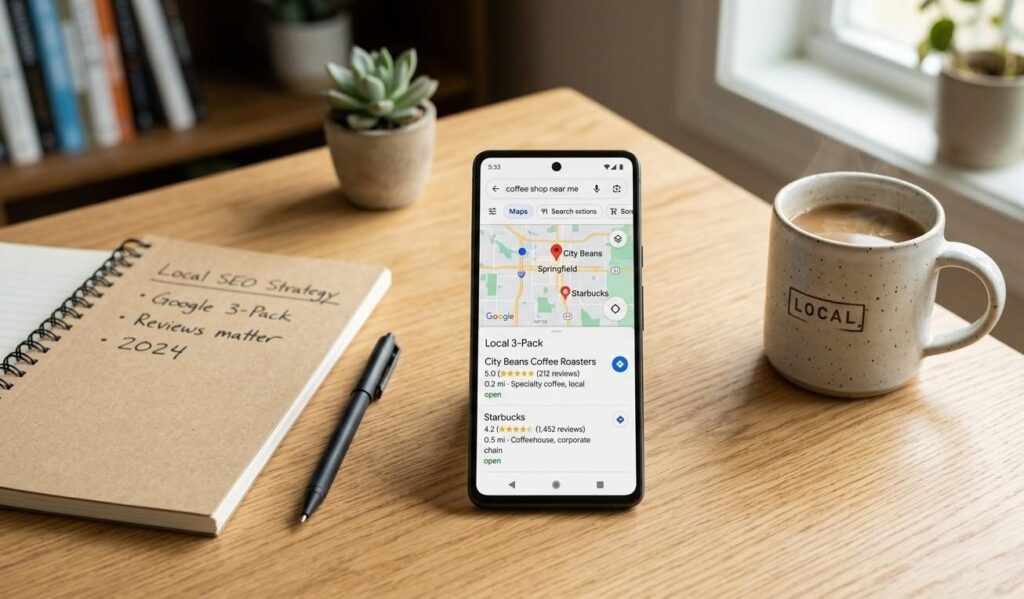 A smartphone lying flat on a clean, modern wooden office desk next to a ceramic coffee mug and a notebook. The phone screen clearly displays a Google Maps "Local 3-Pack" search result. An independent local small business with a vibrant 5-star rating and a high review count is highlighted at the very top position, visibly outranking a larger national corporate competitor listed beneath it. Style: High-quality, realistic lifestyle photography with natural lighting and soft background bokeh