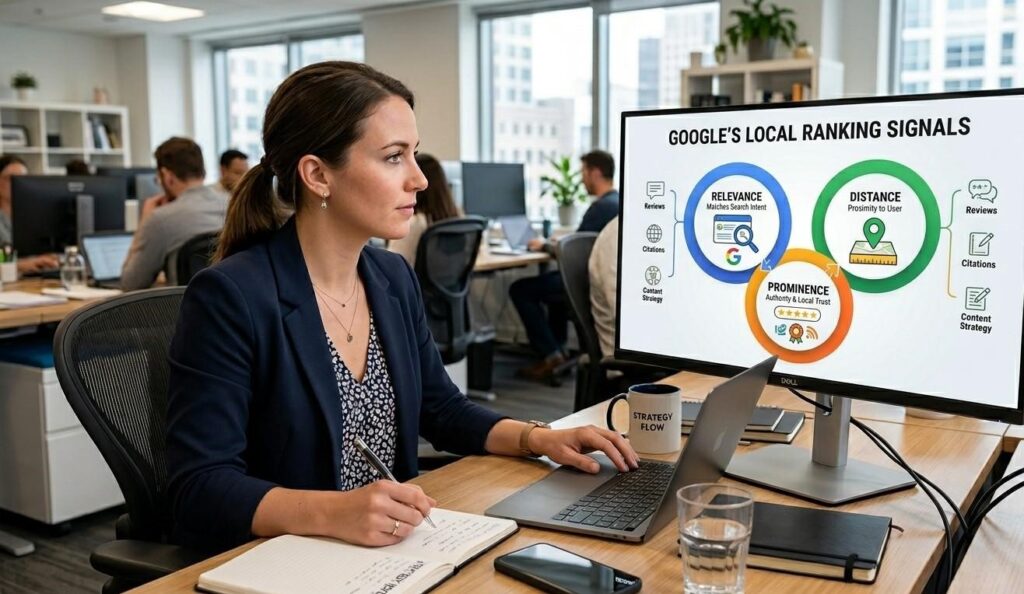 A clean data visualization chart showing three interconnected circles or icons labeled "Relevance," "Distance," and "Prominence," illustrating Google's core ranking signals for local businesses. This graphic is shown on a laptop screen placed on a modern wooden desk.
