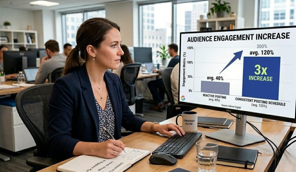 A clean data visualization bar chart on a desktop monitor showing a "3x Increase" in audience engagement for businesses using a consistent posting schedule compared to reactive posting. A professional female content strategist in a navy blazer is seated at a modern wooden desk, reviewing the chart with a notepad and pen in hand.