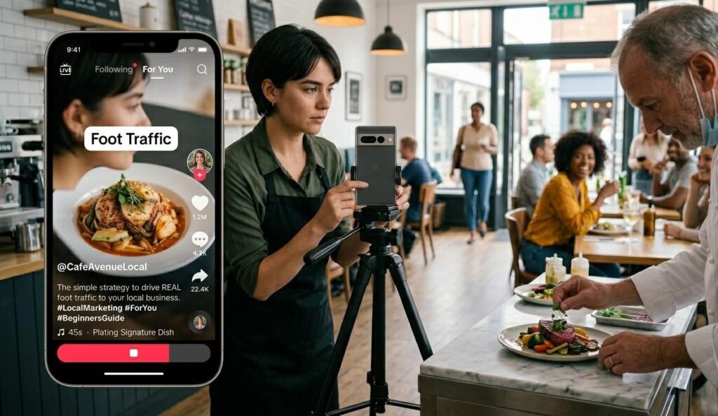 A focused restaurant owner using a tripod-mounted smartphone to film a 45-second TikTok video of a chef plating a signature dish, illustrating how a tiktok marketing strategy for local businesses beginners guide can drive real foot traffic.