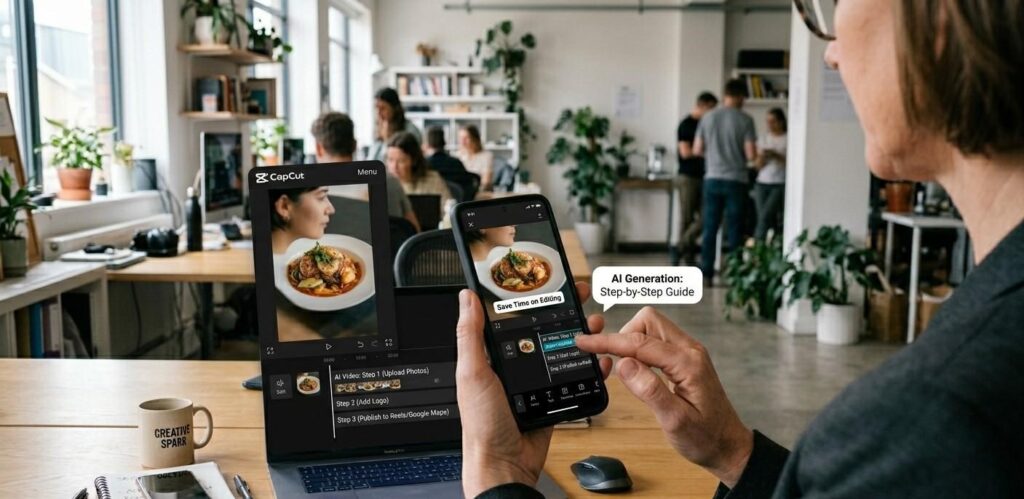 A close-up shot of a small business owner's hands holding a smartphone, demonstrating the simplified editing process for AI video content on a desk in the established modern open-plan office setting. The phone screen shows a CapCut interface with auto-captions being applied, reflecting the 'how to make marketing videos with ai' workflow, with blurred plants and background people visible.