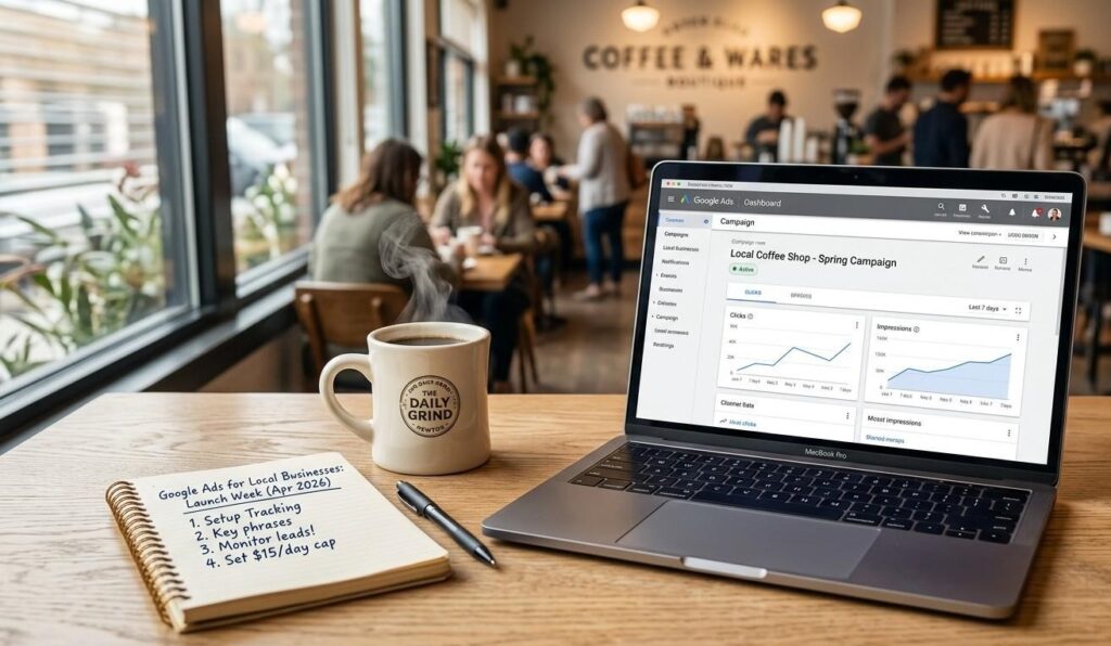A professional laptop open on a modern wooden desk showing the Google Ads dashboard with a green "Active" campaign status. Next to the laptop is a steaming cup of coffee and a notebook with "Local Business Campaign: Launch Week" handwritten on the first page. In the background, a brightly lit, cozy local boutique or cafe is softly blurred, symbolizing a thriving local business. Warm, natural lighting, high-quality corporate photography style.