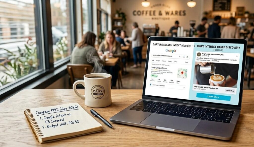 A split-screen digital graphic displayed on a laptop screen on a wooden table. The left side shows a clean Google Search interface with the text "best coffee and bistro near me" entered into the search bar, highlighting high buyer intent. The right side shows a modern Facebook social media feed featuring an engaging, colorful video ad of a pouring latte with a "Learn More" button, highlighting interest-based discovery. Bright natural lighting, clean corporate photography style,