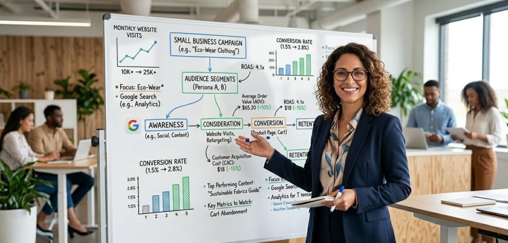 A friendly professional digital marketing strategist in a modern office, standing in front of a whiteboard filled with flowcharts and key performance indicators (KPIs) for a small business marketing campaign.