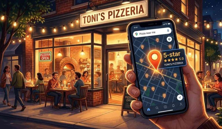 An artistic, stylish illustration using warm, inviting colors. A hand holds a smartphone in the foreground showing a Google Maps search result with glowing pin drops labeled "Pizza." One pin is prominent with a 5-star rating. In the background, slightly blurred, is a cozy, trendy pizzeria at night with large windows, bright string lights, and patrons dining happily. The atmosphere is bustling and appetizing.