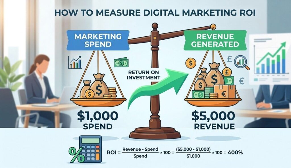 A simple infographic illustrating the digital marketing ROI formula. A balance scale shows 'Marketing Spend' on one side and 'Revenue Generated' on the other, tipping heavily toward revenue to visualize a positive return on investment.