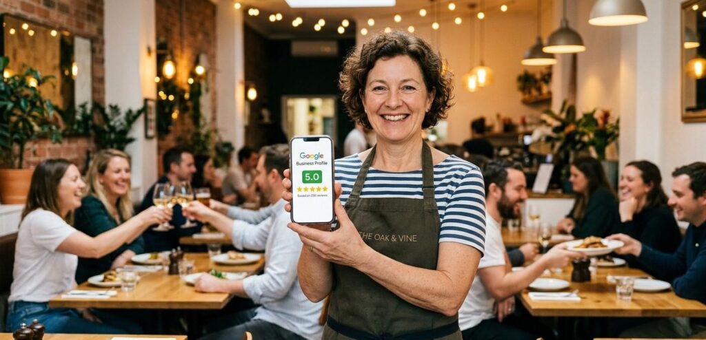 A candid, high-quality photograph taken in a warm, bustling modern restaurant. A smiling restaurant owner, wearing a clean apron over casual clothes, holds up a smartphone toward the camera. The phone screen clearly displays a "Google Business Profile" page with a prominent "5.0" star rating and five yellow stars. The background features blurred happy diners and soft, inviting lighting.