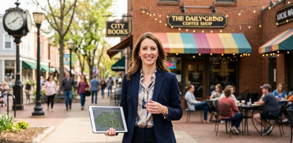 A bright, high-quality photograph of a friendly real estate agent standing in a vibrant, recognizable local neighborhood square or near a popular local coffee shop, rather than just in front of a house. The agent is dressed in "approachable professional" attire, holding a tablet and smiling. The background is slightly blurred to emphasize the agent as a local authority.