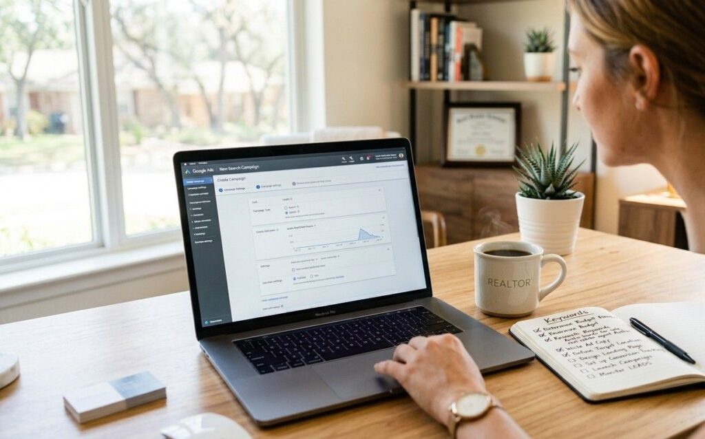 A high-quality, bright photograph of a professional real estate agent’s workspace. A modern laptop is open on a wooden desk showing the Google Ads dashboard with a "New Search Campaign" setup screen visible. Next to the laptop is a cup of coffee and a clean notebook with a handwritten checklist that says "Keywords," "Budget," and "Leads." The background is a soft-focus, modern home office with natural light.