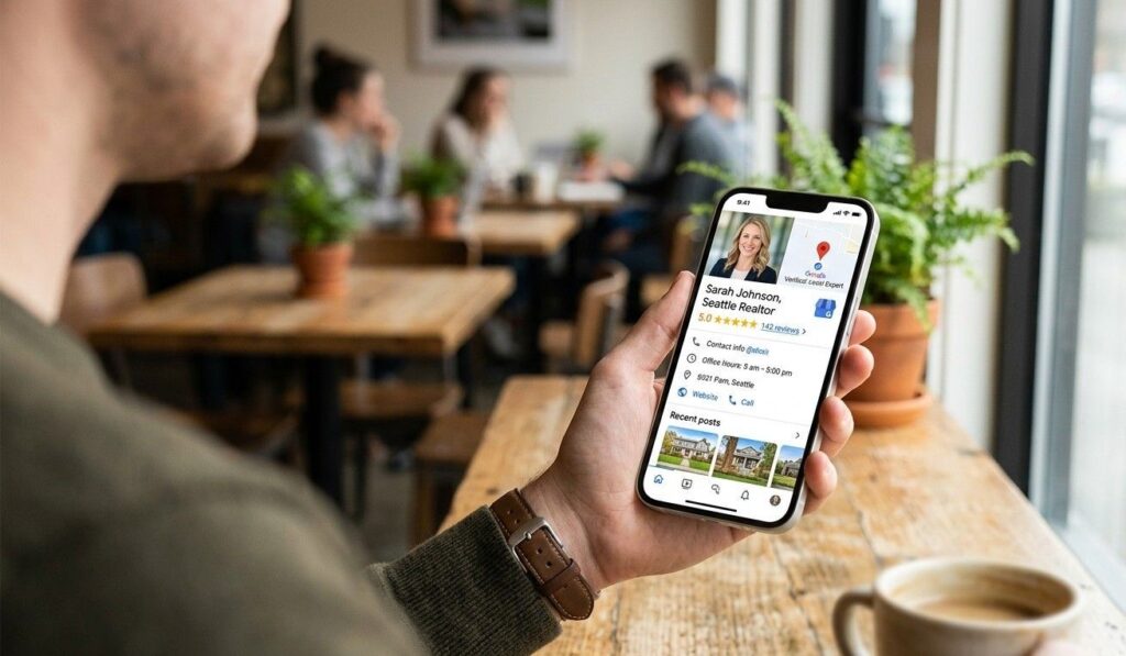A close-up, photorealistic shot, from an over-the-shoulder perspective, of a hand holding a modern smartphone in a bright, local neighborhood cafe. The screen is sharply focused, displaying a Google Business Profile for "Sarah Johnson, [Your City Name] Realtor." The profile is complete with a smiling professional headshot, five large gold stars indicating a top rating, and a clear "Local Expert" verification badge. Subtle natural daylight filters in from a large window to the side, highlighting the hand and phone screen. Shallow depth of field blurs the cafe background (wooden tables, plants) into soft bokeh. The overall feel is warm, authentic, and focused.
