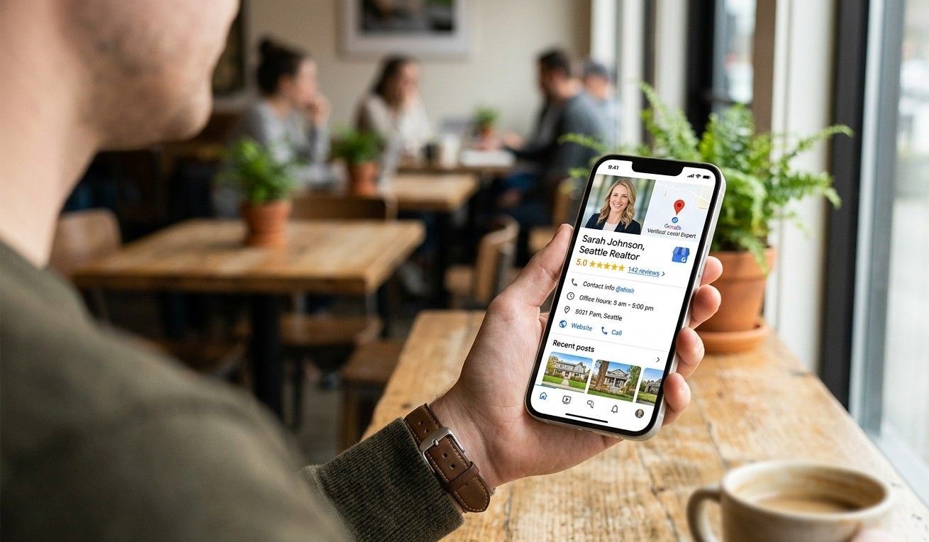 A close-up, photorealistic shot, from an over-the-shoulder perspective, of a hand holding a modern smartphone in a bright, local neighborhood cafe. The screen is sharply focused, displaying a Google Business Profile for "Sarah Johnson, [Your City Name] Realtor." The profile is complete with a smiling professional headshot, five large gold stars indicating a top rating, and a clear "Local Expert" verification badge. Subtle natural daylight filters in from a large window to the side, highlighting the hand and phone screen. Shallow depth of field blurs the cafe background (wooden tables, plants) into soft bokeh. The overall feel is warm, authentic, and focused.