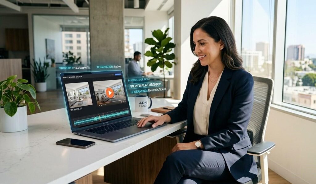A modern photograph of a female real estate agent in professional attire sitting at a sleek, sunlit desk. She is looking at a laptop screen which displays an intuitive AI video editing interface. The interface shows a static property photo transforming into a dynamic video walkthrough with a play button overlay. Holographic data points and video timeline bars subtly float around the screen. Cinematic lighting, high-definition, photorealistic.