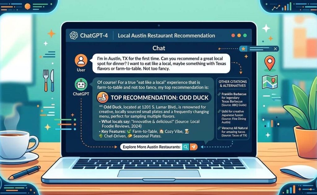 An infographic showing a laptop screen with a ChatGPT interface citing a local Austin restaurant as the top recommendation in response to a user query