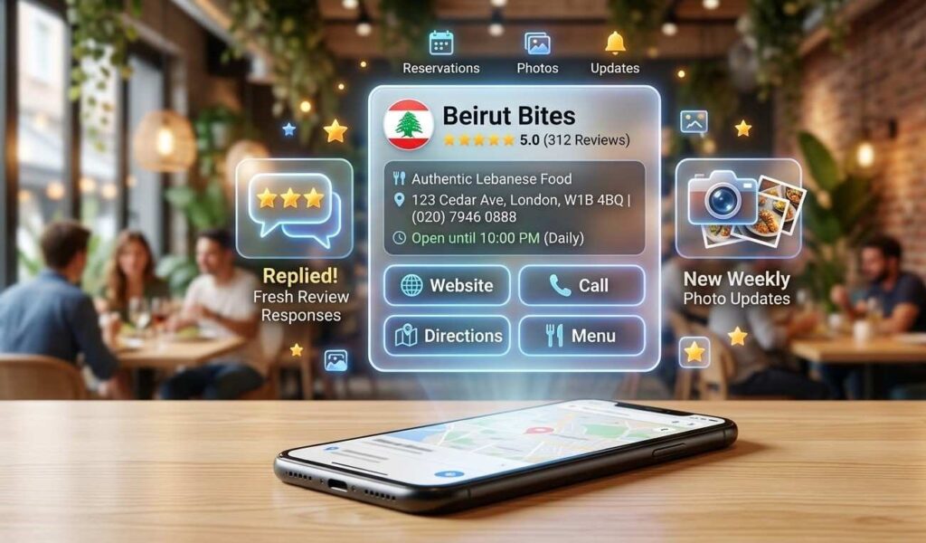 A modern 3D rendered graphical representation of a perfect restaurant Google Business Profile (GBP) panel floating above a smartphone screen. The panel shows clear sections: "Beirut Bites," 5-star ratings, an "Authentic Lebanese Food" category, full address, updated hours, and action buttons like "Website," "Call," and "Menu." Icons indicating fresh review responses and weekly photo updates float around it. Clean, professional, digital art style.
