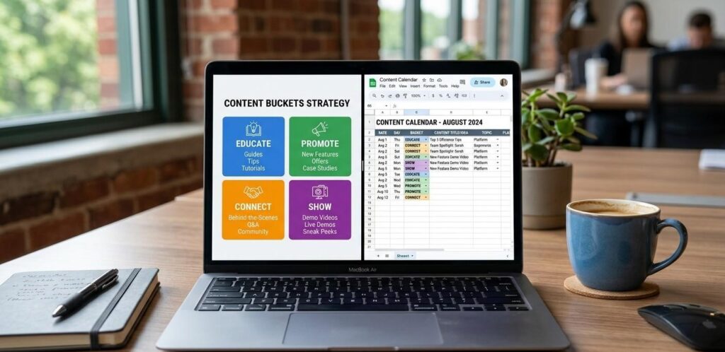 A split-screen layout on a laptop monitor. The left side displays a clean, color-coded grid matrix representing four content buckets: "Educate," "Promote," "Connect," and "Show." The right side shows a simple content calendar template built in a spreadsheet. The laptop sits on a sleek office desk next to a ceramic coffee mug.