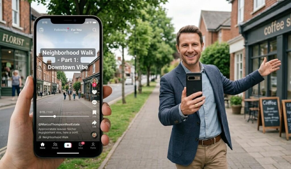 A friendly real estate agent filming a vertical 'Neighborhood Walk' video on their phone while pointing out local highlights, demonstrating a simple content format used by realtors to generate buyer calls without dancing.