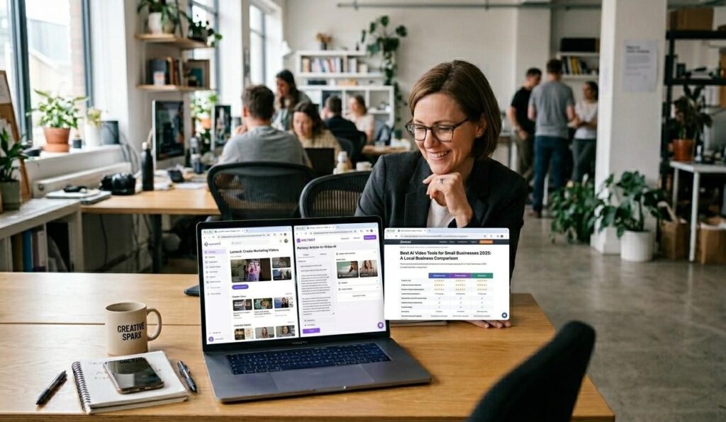 A woman with glasses (matching the professional in image_18.png) sitting at a central wooden desk, smiling as she reviews multiple browser windows on a modern silver laptop. One window displays Lumen5, another Pictory, showcasing the 'best ai video tools for small businesses 2025' comparison for a local service-oriented business, set in the consistent collaborative workspace environment.