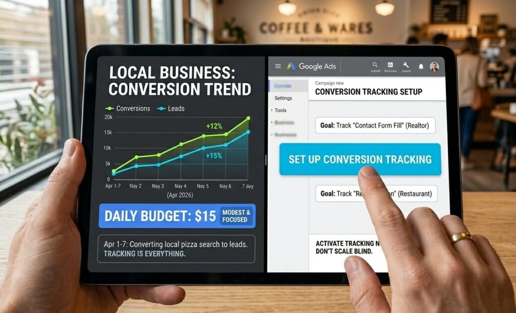 A close-up, split-screen style view on a tablet screen. The left side shows a clean line graph tracking a steady increase in "Conversions" and "Leads" with a modest daily budget of $15 highlighted in a blue box. The right side shows a finger tapping the "Set Up Conversion Tracking" button on the Google Ads interface. Crisp details, sharp focus, vibrant tech-dashboard colors, professional stock photo aesthetic.