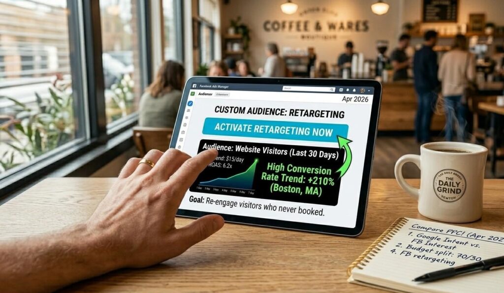 A close-up view of a tablet held by a restaurant owner inside a cozy, softly blurred cafe background. The tablet screen displays a Facebook Ads manager dashboard showing a retargeting campaign titled "Website Visitors Custom Audience" with an arrow pointing to a high conversion rate metric. On the table next to the tablet is a white ceramic mug with "The Daily Grind" logo and a pen resting on a blank notepad. Crisp focus, warm inviting lighting, matching the style of image 