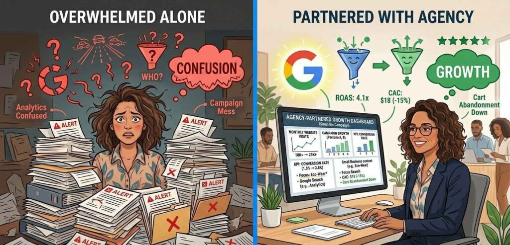 A split-screen illustration showing a small business owner overwhelmed by a messy pile of paperwork and digital icons on one side, and a calm, smiling business owner looking at a clear, growth-oriented digital marketing dashboard provided by an agency on the other.