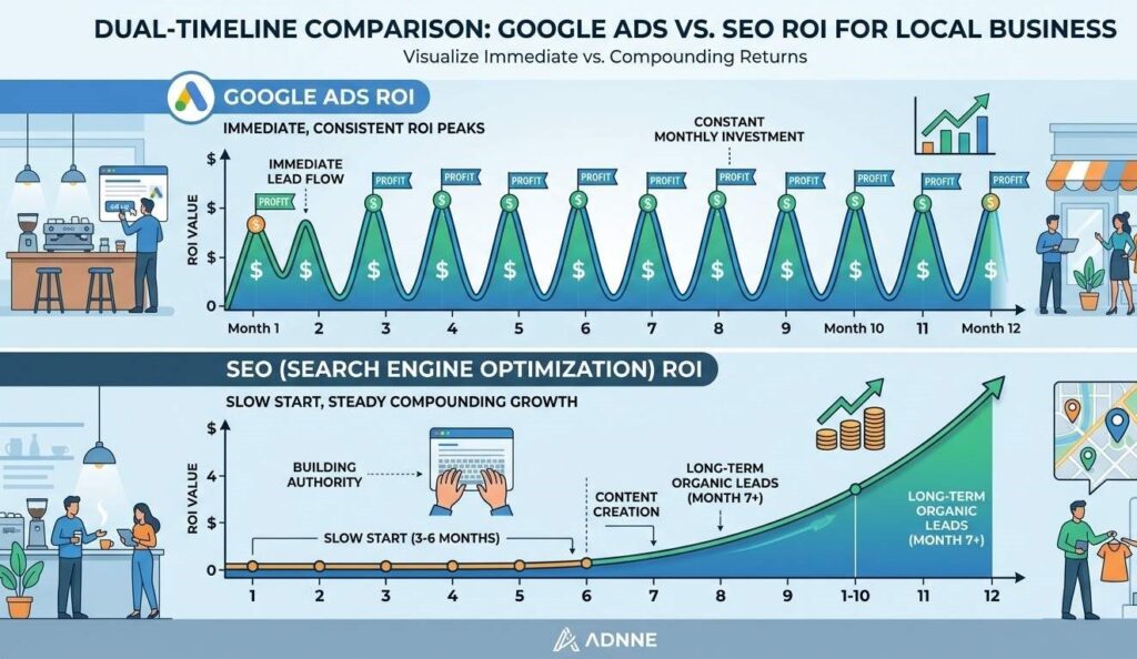 A dual-timeline infographic comparing ROI for local businesses. The top graph shows 'Google Ads' with immediate, consistent peaks. The bottom graph shows 'SEO' with a slow start (3-6 months), followed by steady, compounding growth over time.