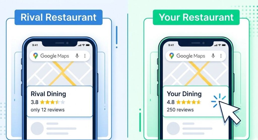 A split-screen graphic designed in a clean, modern style. On the left side, labeled "Rival Restaurant," a smartphone displays a Google Maps listing with a 3.8-star rating and only 12 reviews. On the right side, labeled "Your Restaurant," a smartphone displays a Google Maps listing with a 4.8-star rating and 250 reviews. Arrows clearly indicate that the cursor is clicking on "Your Restaurant." The color palette is bright and trustworthy.