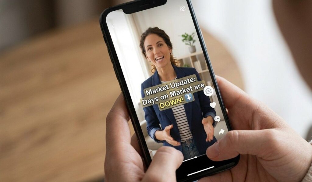 A close-up shot of a smartphone screen displaying a vertical "Instagram Reel" or "TikTok" video. The video features a real estate agent speaking directly to the camera with a text overlay that reads: "Market Update: Days on Market are DOWN!". The agent looks natural and energetic. Bright, natural indoor lighting.