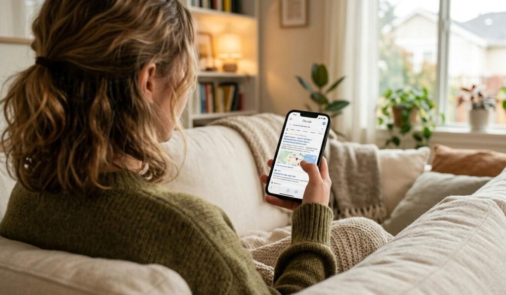 An over-the-shoulder shot of a person holding a smartphone in a cozy living room. The screen shows a Google search for "Homes for sale near me" with a prominent, professional text ad at the top featuring a local realtor's name and a 5-star rating badge. The lighting is warm and natural, emphasizing the moment a buyer starts their search journey.