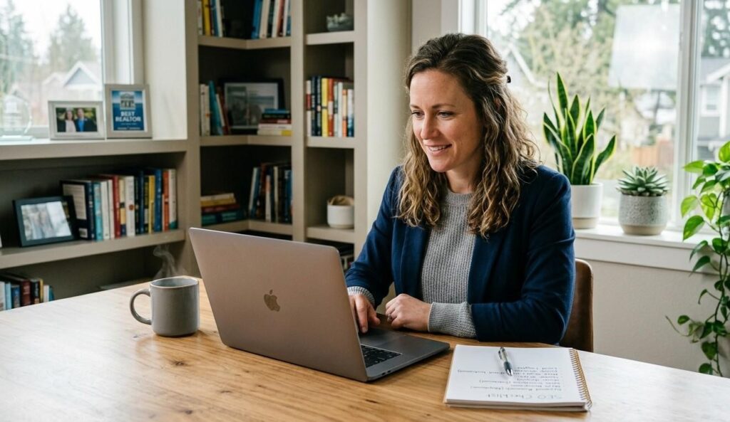 A candid photograph capturing a focused realtor sitting at a natural wood desk in a bright, modern home office during the daytime. The agent is smiling slightly as they look at the screen of a sleek laptop. Clearly visible on the laptop screen is the title of a blog post being written: "Is [Insert Local Neighborhood Name] Good for Families? A Realtor's Guide." Next to the laptop is a steaming cup of coffee and a notebook with an SEO checklist partially visible. The background is softly blurred, showing bookshelves and potted plants, conveying professionalism and knowledge.