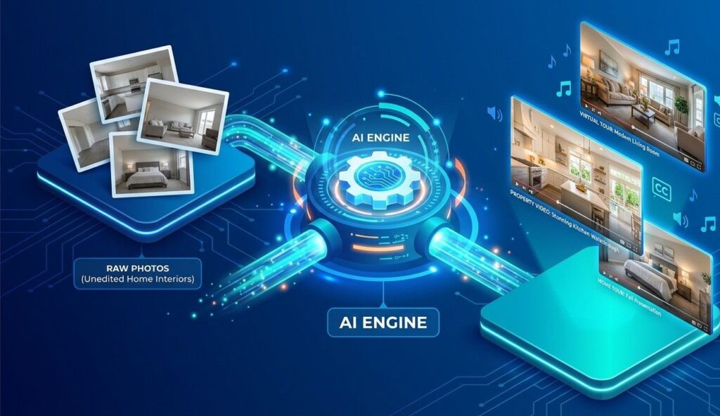 A stylized 3D rendered isometric conceptual design. On the left, a small pile of unedited, raw digital photographs of empty home interiors. A glowing digital pipeline flows from the photos through a central glowing "AI engine" gear icon. On the right, the pipeline outputs polished, vibrant, high-definition video frames playing on floating virtual screens with text captions and background music symbols. Bright corporate blue and teal color palette. Clean, sleek, and high-tech