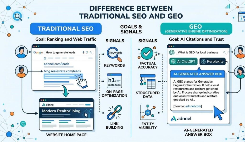 A diagram illustrating the difference between traditional SEO, where users click blue links to visit a website, and GEO, where users get cited information directly within an AI-generated answer box.