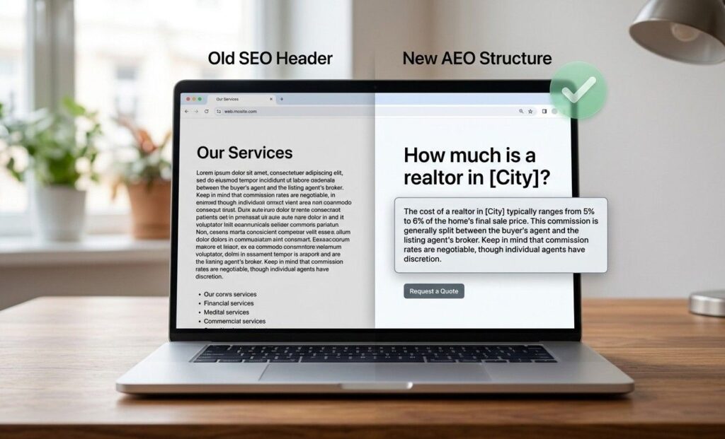 A split-screen mockup of a website on a laptop. The left side is labeled "Old SEO Header" showing a generic heading like "Our Services" followed by a long, dense paragraph of text. The right side is labeled "New AEO Structure" showing a prominent, question-based heading: "How much is a realtor in [City]?" followed by a clean, boxed, 3-sentence direct answer of about 50 words. A visual "checkmark" icon floats over the AEO side. Style: Realistic laptop on a clean wooden desk with soft background bokeh.