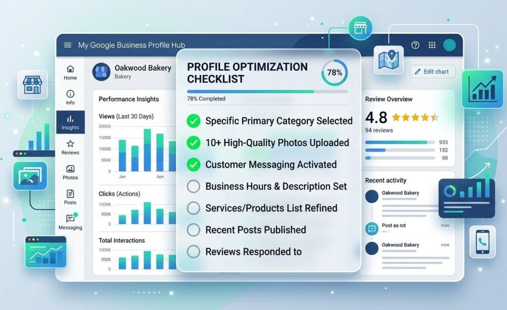 A clean digital illustration of a user interface dashboard for a Google Business Profile optimization layout. A floating translucent checklist overlay features bright green checkmarks next to items like "Specific Primary Category Selected," "10+ High-Quality Photos Uploaded," and "Customer Messaging Activated." The background shows a stylized, simplified view of a business dashboard with performance metrics. Style: Modern corporate tech-art using a clean color palette of professional blues, greens, and minimalist accents.