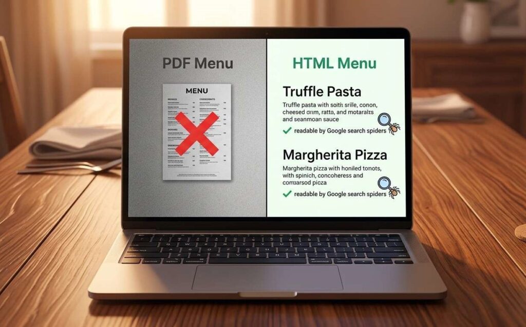 A concept illustration showing a laptop on a wooden dining table. The laptop screen is split down the middle. The left side, representing a PDF menu, shows a faded, grainy, hard-to-read static image icon with a red 'X'. The right side, representing an HTML menu, shows vibrant, crisp, flowing text of dish names and descriptions (e.g., "Truffle Pasta," "Margherita Pizza") with small green checkmarks, indicating they are readable by Google search spiders. Warm, diffused lighting.