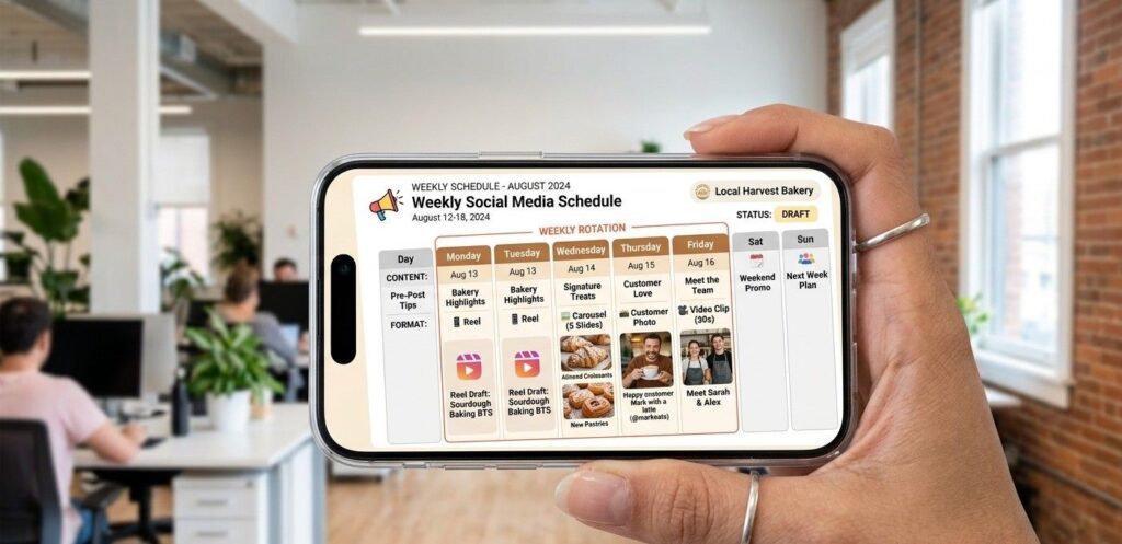 A close-up view of a modern smartphone interface held by a hand in a bright office setting. The screen displays a weekly social media scheduling template customized for a local business, showing a balanced four-day rotation of media formats including a Reel, a carousel, a customer photo, and a video clip.