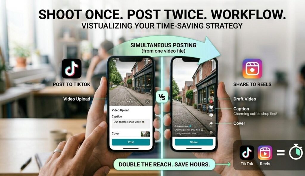A close-up graphic showing a user’s hand holding one smartphone, which is split to simultaneously show a 'Post to TikTok' screen and a 'Share to Reels' screen, visually explaining the time-saving 'shoot once, post twice' workflow.