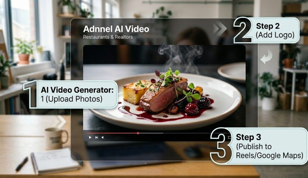 A screenshot graphic featuring a professional AI video screen. A video thumbnail of a plated gourmet restaurant dish (referencing the content style of image_12.png's chef) is visible. Overlay text bubbles clearly state 'AI Video Generator: Step 1 (Upload Photos)', 'Step 2 (Add Logo)', 'Step 3 (Publish to Reels/Google Maps)', representing a full process for restaurants and realtors, against a soft office bokeh background.