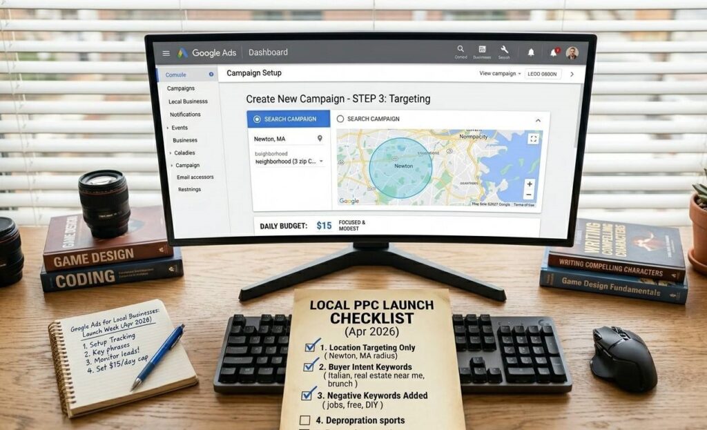 A top-down desktop view of a designer's desk. In the center, a large computer monitor displays the Google Ads campaign creation screen with "Search Campaign" selected and a map highlighting a small, specific local city radius. Beside the keyboard lies a printed checklist document titled "Local PPC Launch Checklist" with checkboxes marked next to "Location Targeting Only," "Buyer Intent Keywords," and "Negative Keywords Added." Clean, organized, professional look.