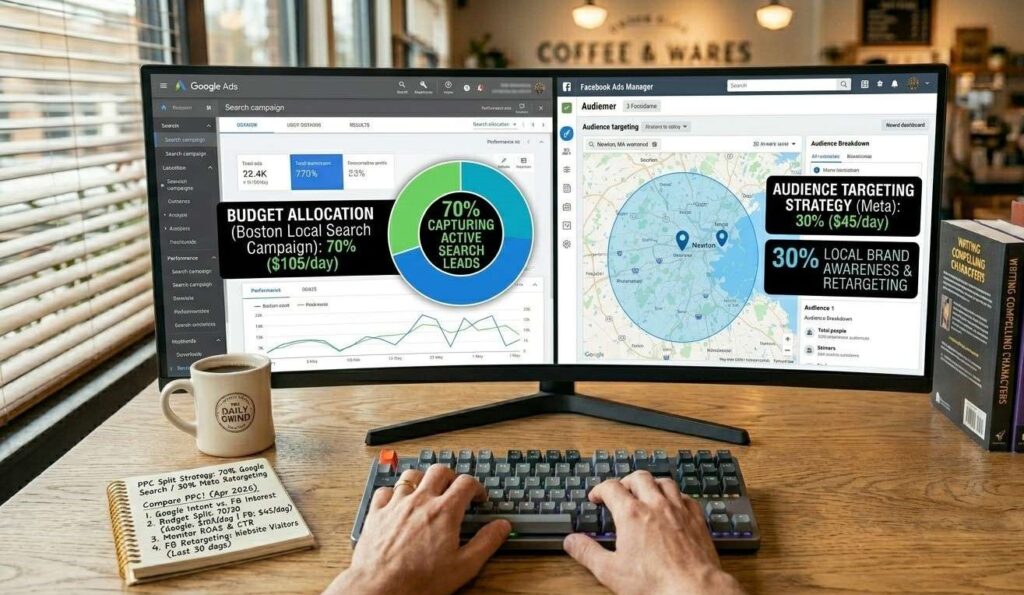 A top-down desktop view of an organized workspace. In the center, a large computer monitor displays an analytics dashboard titled "Paid Ads ROI Comparison (Apr 2026)". The dashboard cleanly compares two columns: "Google Ads: High Intent, Faster ROI" with a graph trending sharply upward, and "Facebook Ads: Lower CPC, Cheaper Reach" with a steady horizontal growth line. A mechanical keyboard, a small green succulent in a clay pot, and a black mouse sit neatly on the desk. Clean, professional look, matching image 