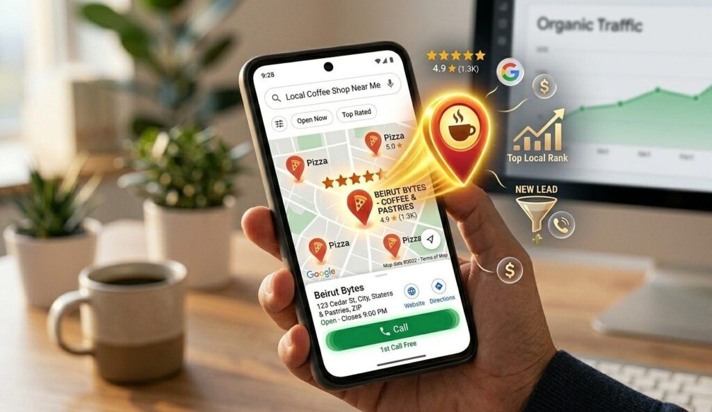 A high-quality graphic showing a smartphone screen displaying a local "near me" map search result, with a glowing pointer highlighting a local business, symbolizing effective SEO and lead generation for small companies.