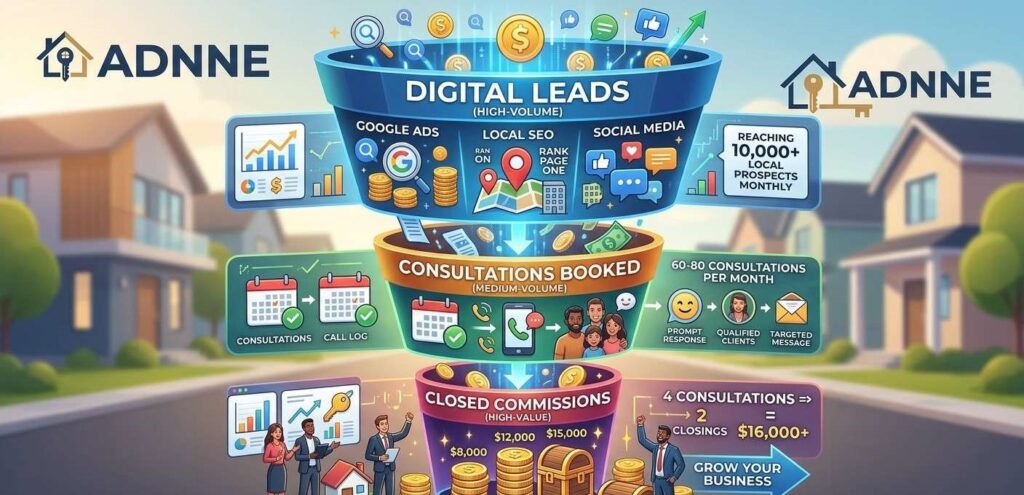A customized marketing funnel infographic for a local real estate agency. The graphic shows high-volume digital leads narrowing down to 'Consultations Booked' and finally translating into high-value 'Closed Commissions.'