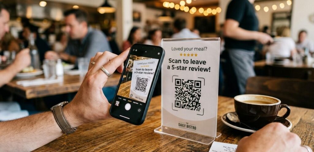A close-up shot of a diner’s hand at a wooden restaurant table holding a modern smartphone. The phone camera is pointed at a small, stylishly designed acrylic table stand. On the stand is a prominent QR code with the text above it reading, "Loved your meal? Scan to leave a 5-star review!" Beside the stand is a subtle corner of a receipt and a cup of coffee. The depth of field is shallow, focusing sharply on the phone and QR code.
