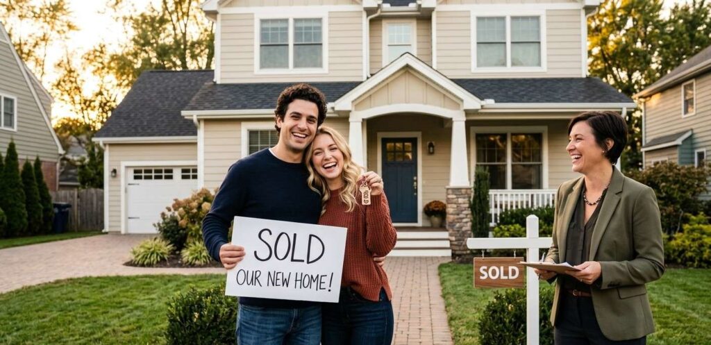 A candid, heartwarming photo of a young couple or a family standing in front of their new home, holding a "Sold" sign or their new keys. The real estate agent is standing to the side, sharing in the joy. The lighting is warm and golden-hour style, emphasizing trust and successful outcomes over a sales pitch.