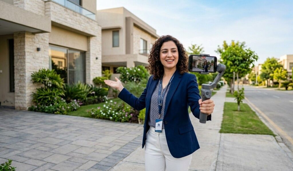 A dynamic, full-color photograph of a real estate agent warmly interacting with the camera lens, holding a smartphone attached to a stabilizer gimbal in front of a modern, charming suburban home with excellent curb appeal. The perspective suggests a behind-the-scenes shot of recording a neighborhood tour video. The agent is authentically smiling, exuding confidence and local knowledge. Natural, soft daylight illuminates the scene. The background of the street and home is slightly blurred, emphasizing the connection between the agent and the viewer.