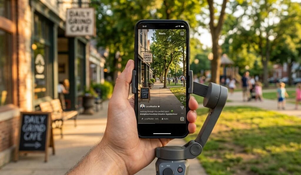A point-of-view medium shot of a real estate agent's hand holding a smartphone on a stabilizer gimbal. The phone screen is active, showing a recording of a charming neighborhood street with a cafe and park in the background. The phone interface clearly shows social media overlay icons like Instagram Reels or TikTok, with captions being automatically generated on the screen. Golden hour lighting, vivid colors, documentary photography style.