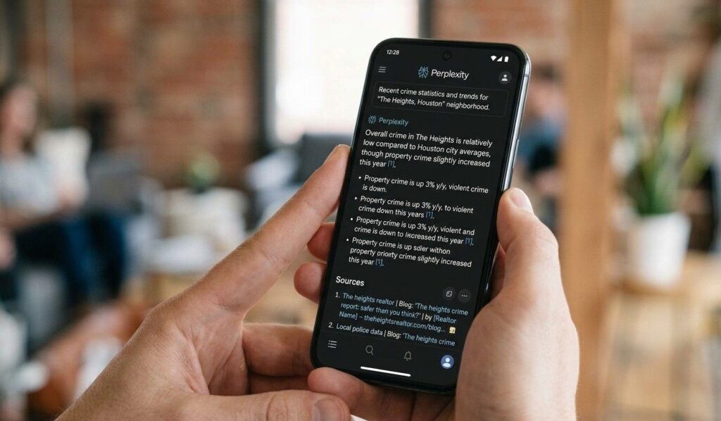 A close-up photograph of a smartphone screen displaying a Perplexity AI search result that cites a specific local realtor's blog post as the source for neighborhood crime statistics.