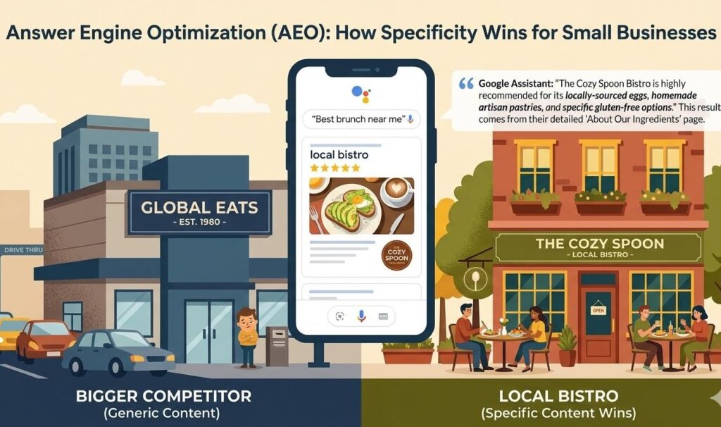 A comparative illustration showing a giant, slightly slow national chain restaurant building alongside a small, vibrant local bistro. Above them, a stylized smartphone floating in the air displays a voice search result for "Best brunch near me." The result prominently features and quotes the local bistro, illustrating how AEO lets small businesses beat bigger competitors via content specificity. Style: Modern, flat vector illustration with rich, inviting, warm color palette.