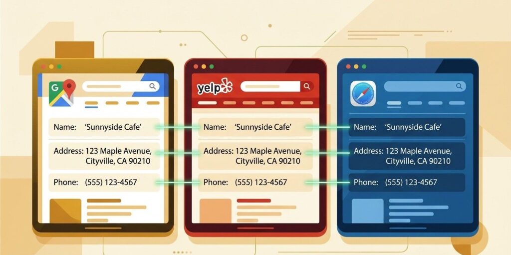 A conceptual graphic demonstrating cross-platform data alignment. Three stylized digital screens representing Google Maps, Yelp, and Apple Maps are aligned horizontally side-by-side. Each screen displays identical, perfectly matching text for a business's Name, Address, and Phone number (NAP), with subtle glowing green lines connecting the text fields across the platforms to emphasize uniformity. Style: Flat vector illustration with a clean, professional layout and a rich, warm, inviting color palette.